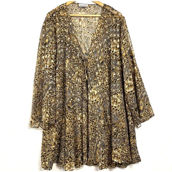 Vintage Maggie‎ Barnes Paisley Animal Print Clipdot Brown Flowy Cardigan Tied - Picture 1 of 9